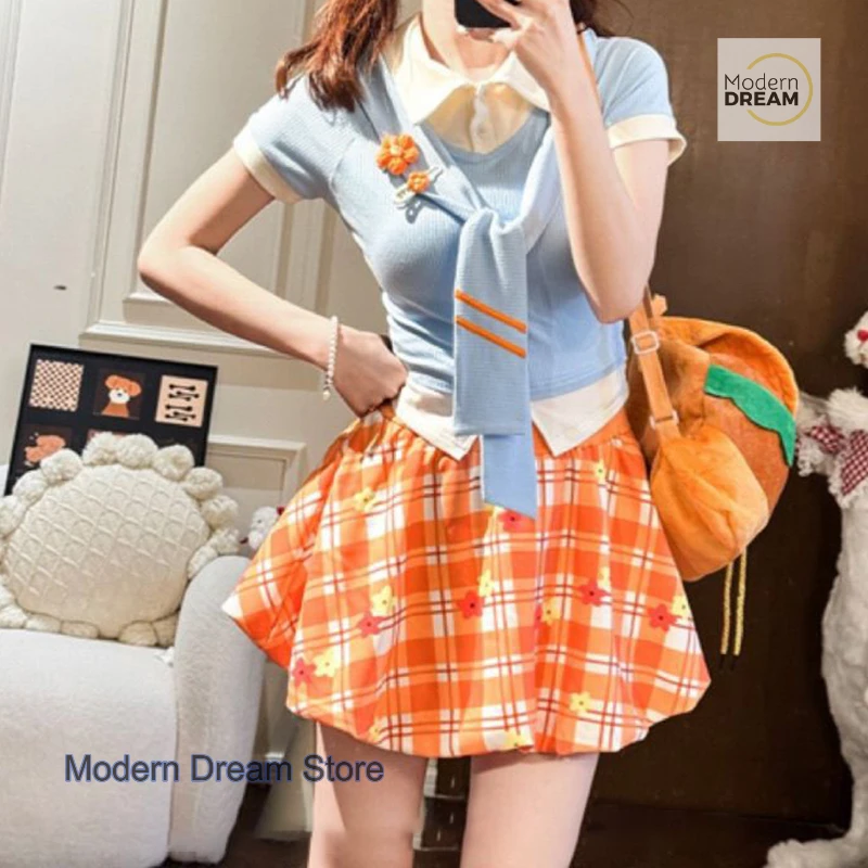 French dopamine wearing plaid flower skirt female summer new sweet little floral skirt fake two-piece coat two-piece suit