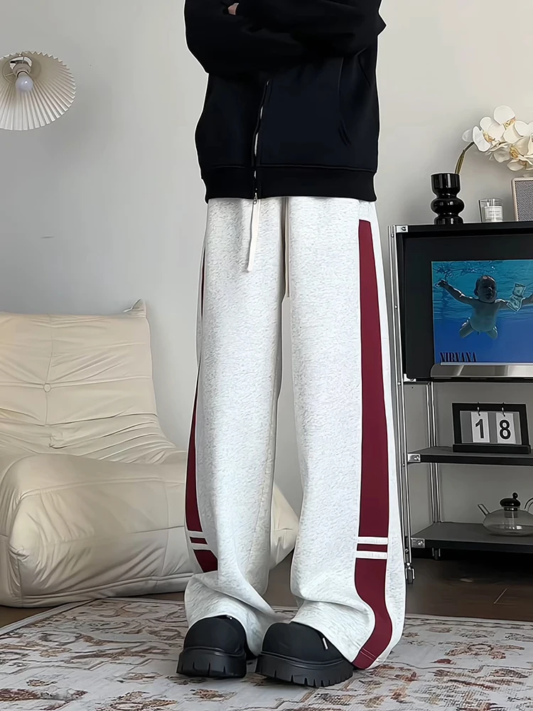 

Мужские спортивные брюки в стиле хип-хоп American Sle, осенне-зимние, свободные, прямого кроя, длинные, с белым цветочным узором и боковой полосой, широкие штаны