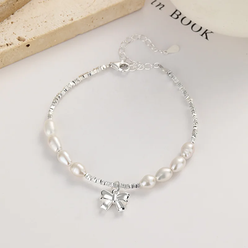 925 Sterling Silver Bow Pearl Broken Silver Bracelet 16+5.5cm For Women Luxury Niche Design Fashion Jewelry Party Wedding Gifts