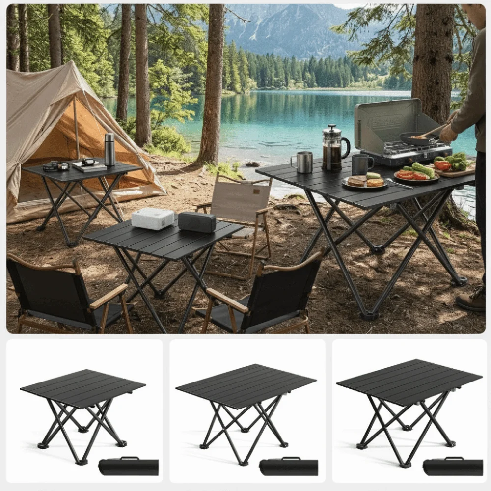 Carbon Steel Alloy Folding Table X Frame Slatted Top Portable Table Reinforced Load Bearing Heavy Duty Outdoor Table