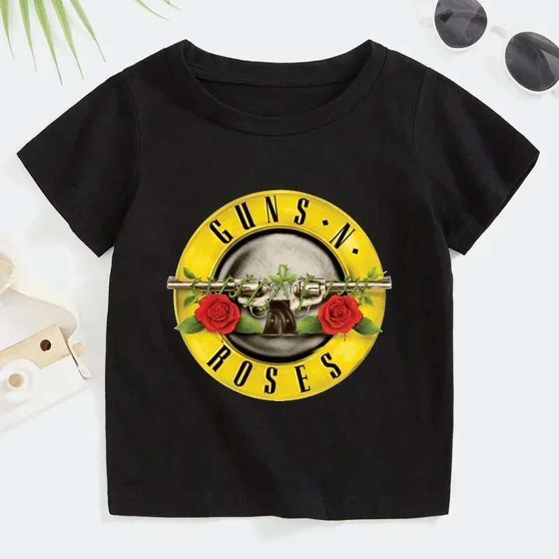 Summer Children\'s T Shirt 2T~14T Rock Band Gun N Roses Boys and Girls Kpop Music Short Sleeve Tops Kids Casual Cotton Clothes