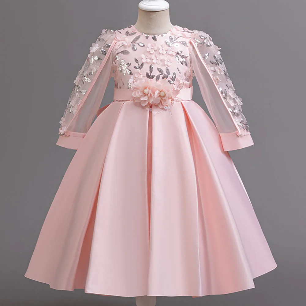 HETISO Princess Dress for Girls Pink Sequined Long Sleeve Flower Gown Autumn Party Wedding Wear 3-12 Years