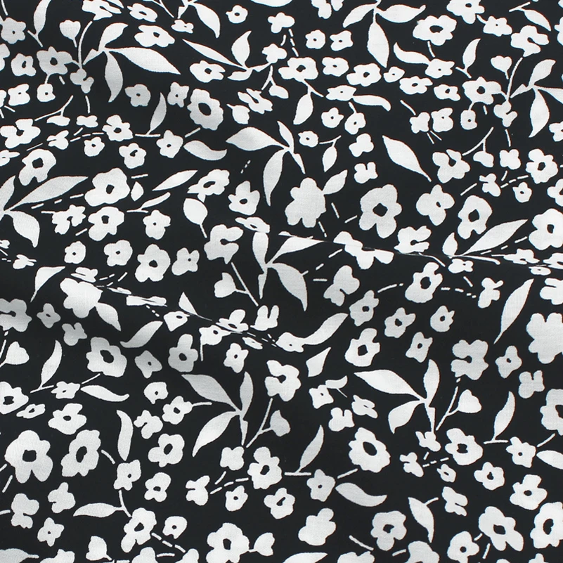 Black and White Cotton Floral Fabric Pastoral Style Printed Cloth for Sewing Clothes DIY Handmade by half Meter