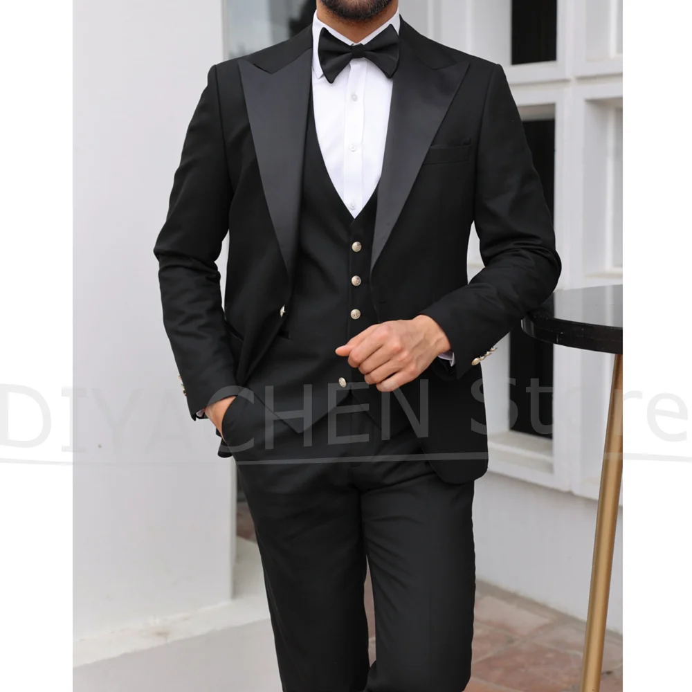 

Men's Black Suit Satin Peak Lapel Formal Blazer Vest and Pants Set Elegant Single Breasted Wedding Party Tuxedo 3 Piece
