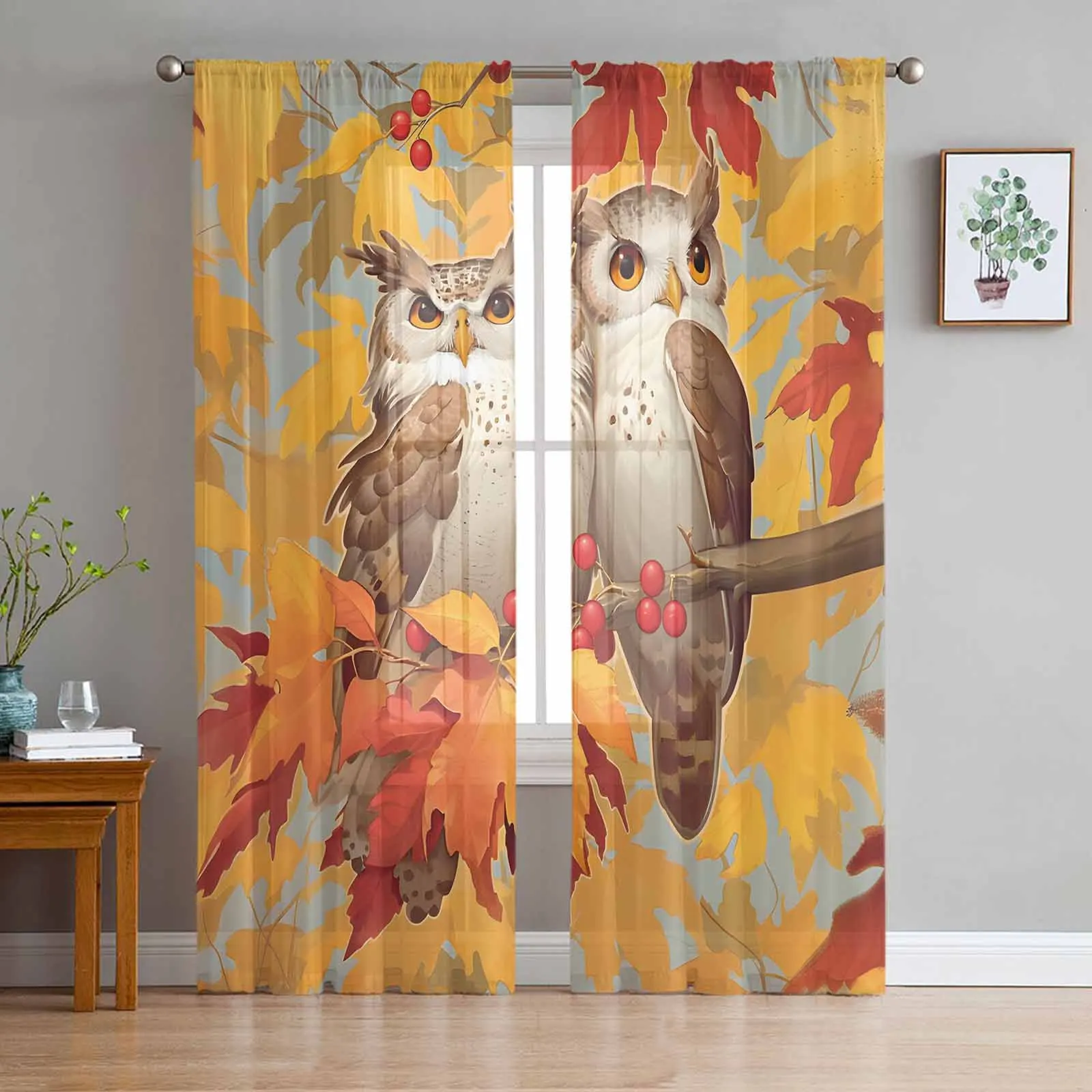 Autumn Yellow Maple Leaves Two Owls Branches Sheer Curtain Living Room Drapes Home Bedroom Voile Curtain Tulle Window Curtain