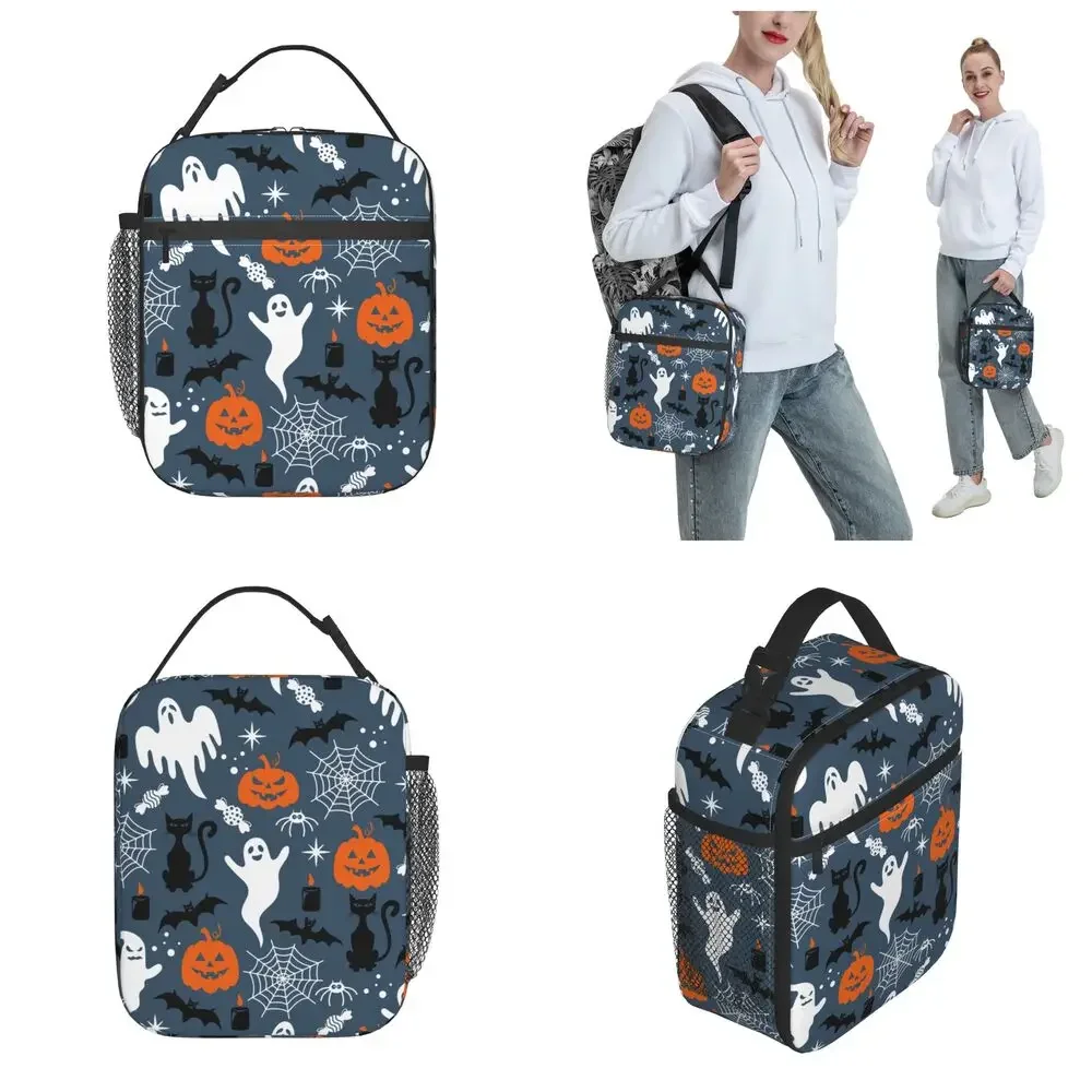 Bolsa de almuerzo aislada con forma de murciélago y calabaza para Halloween, contenedor de almuerzo portátil, bolsa Bento para la universidad y al aire libre