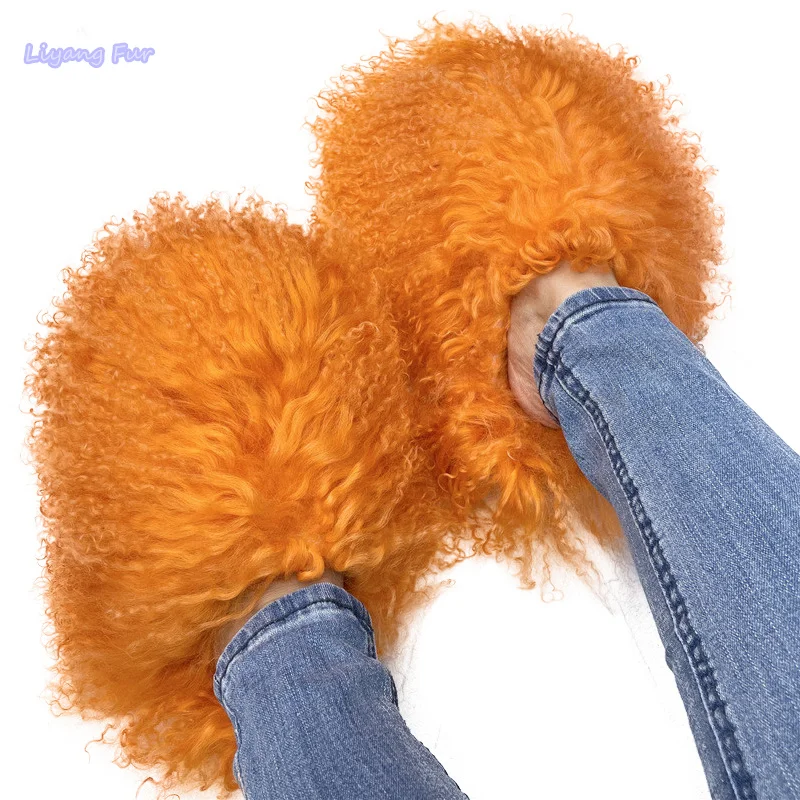 

2023 Fashion Fur Slippers New Arrival Luxurious Fluffy Furry Winter Women Curly Long Hair Fur Slides