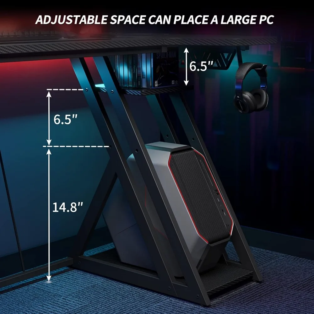 Escritorio para juegos Aurora con superficie de fibra de carbono, escritorio en forma de L de 40 pulgadas con estantes de almacenamiento, pequeño