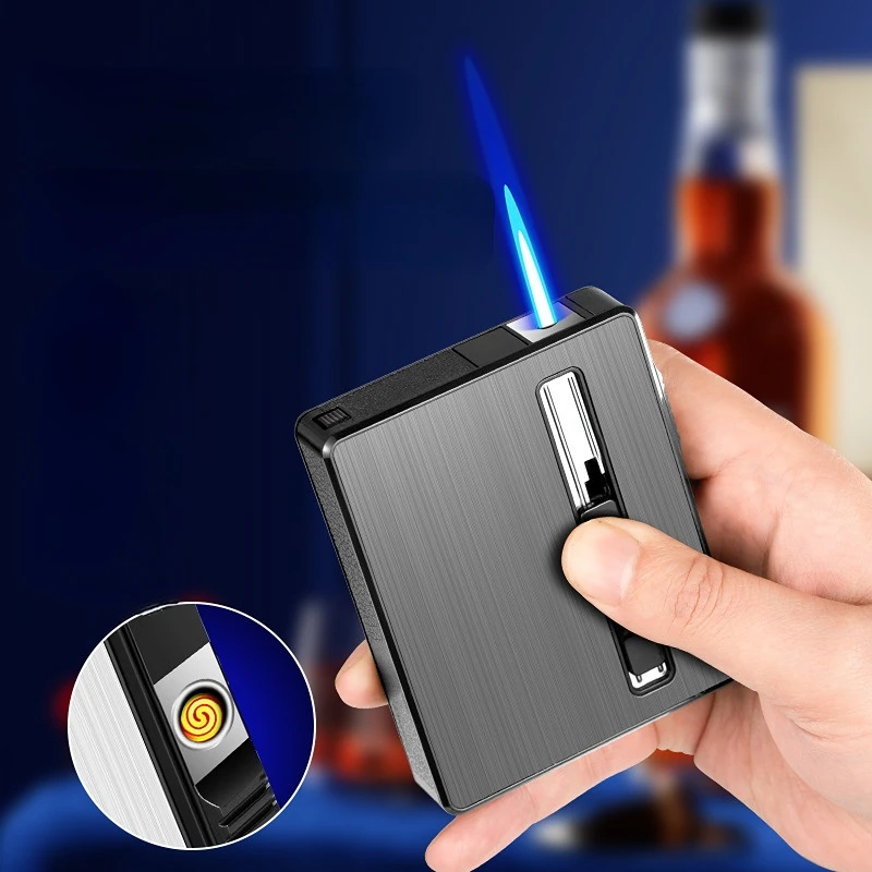 Multifunctional Windproof Tungsten Wire USB Charging Lighter Automatically Ejects Cigarette Jet Blue Flame Butane Gas Lighter
