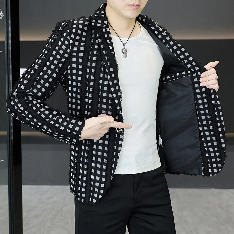 2026 Spring Plaid Suit Jacket Men's Korean Handsome Fashion Stage Performance Suit Formal Coat Slim Fit Casual Business Blazers