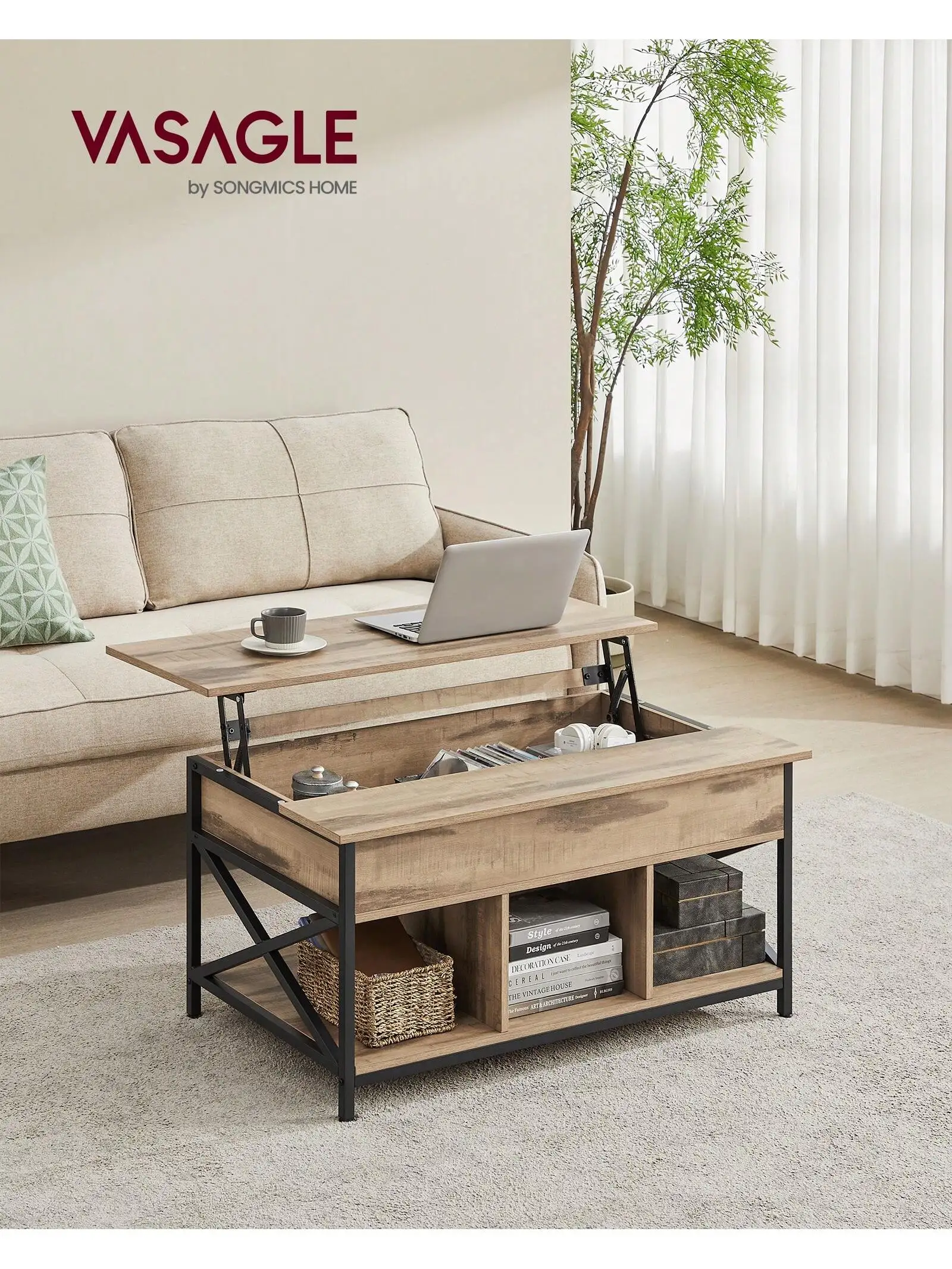 VASAGLE tavolino elevatore: aperto/nascosto, barre a forma di X. 60 x100x(48-62) cm. Ideale per il soggiorno.