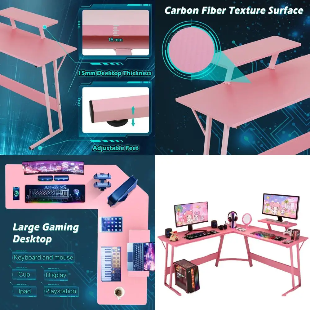 

51, розовый L-образный стол для домашнего офиса и игр с подставкой для монитора