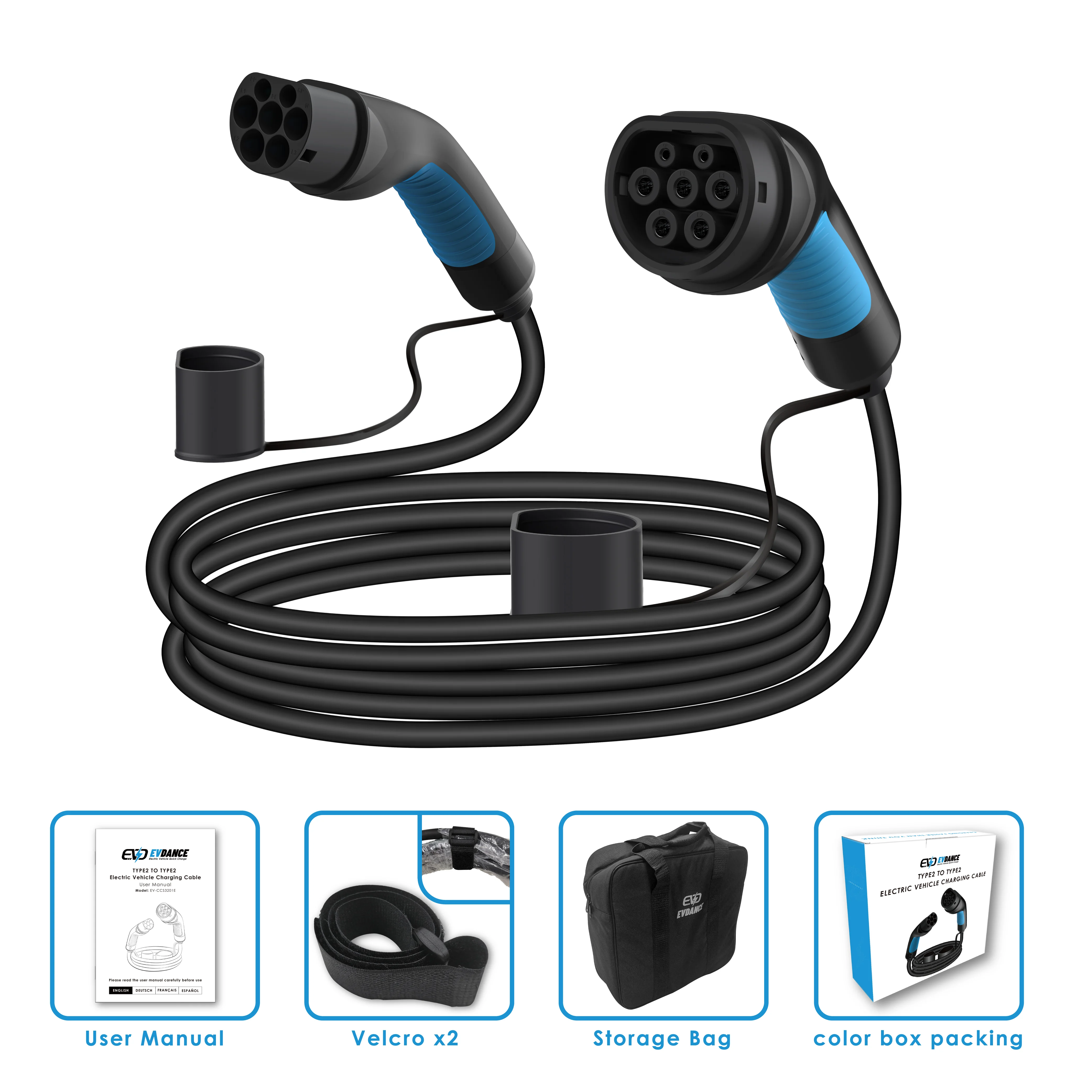 EVDANCE-Cable de extensión de carga para coche eléctrico, cargador EV Compatible con IEC 62196, 3 fases, 32A, 22KW, 8M