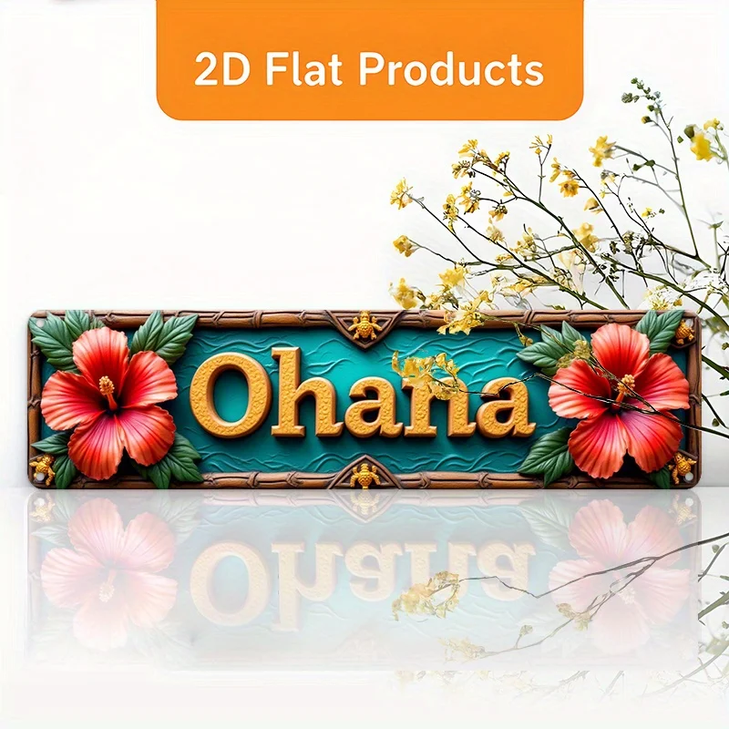 2D Flat, 1pc Vintage Hawaiian Ohana Metal Wall Decor - Large 3.9x15.7 Inch (10x40cm) Turquoise & Golden Hawaiian Plaque Sign