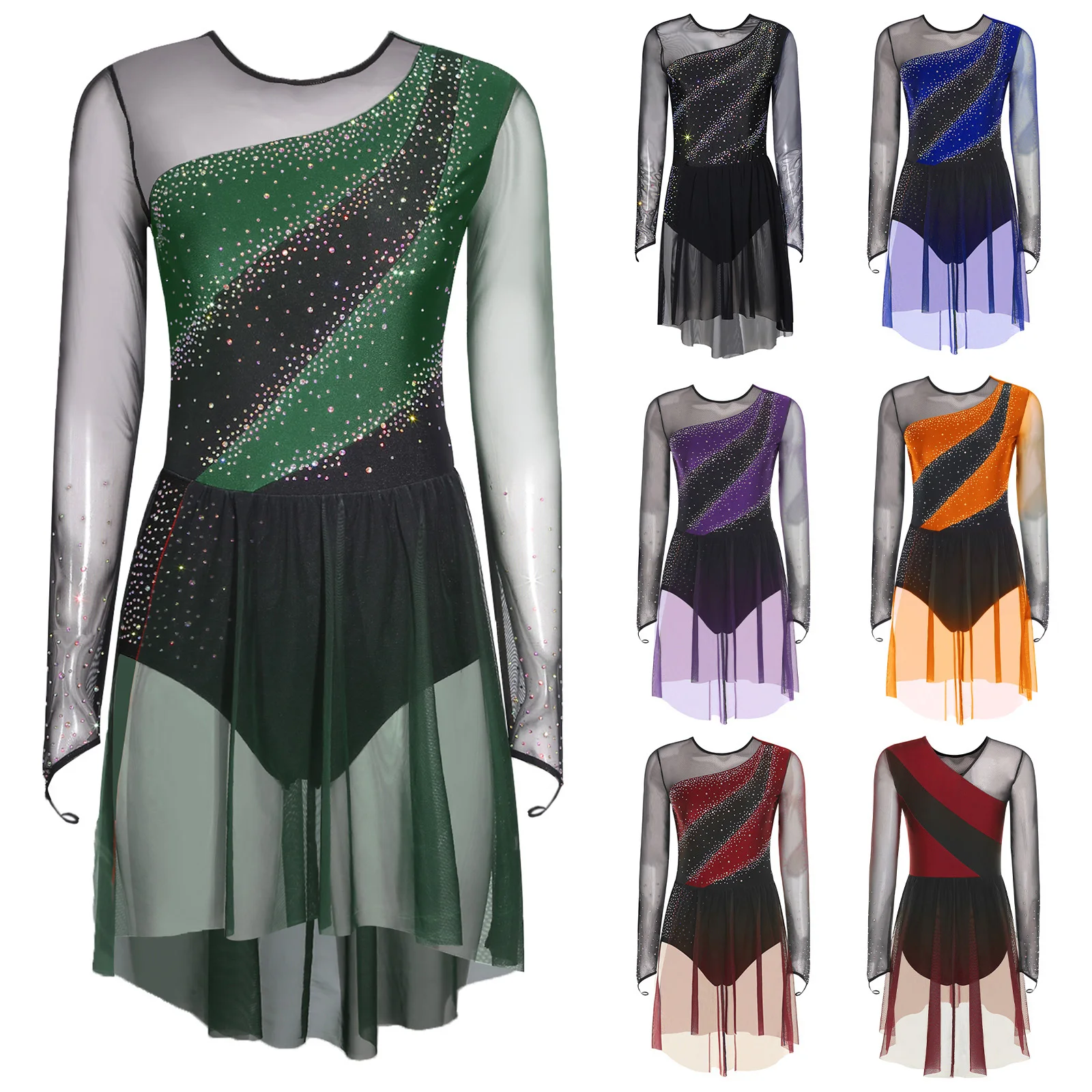 Damen Eiskunstlauf-Kleid Langarm Glänzende Strass-Verzierungen Transparentes Netz Modernes Lyrisches Tanz-Gymnastik-Akrobatik-Trikot-Kleid