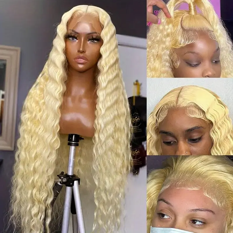 613 Blonde 13x6 Lace Frontal Wig 13x4 Lace Front 150 Density 36 Inches Deep Wave Pre-Plucked Glueless Curly Human Hair Wig