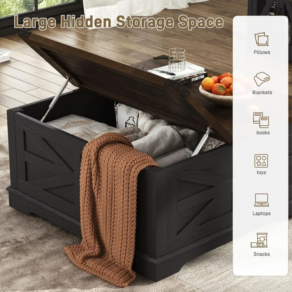 36" Farmhouse Movable Lift Top Coffee Table with Storage and Power Outlets, Square Wood Living Room Tables with Wheels&Large Hid