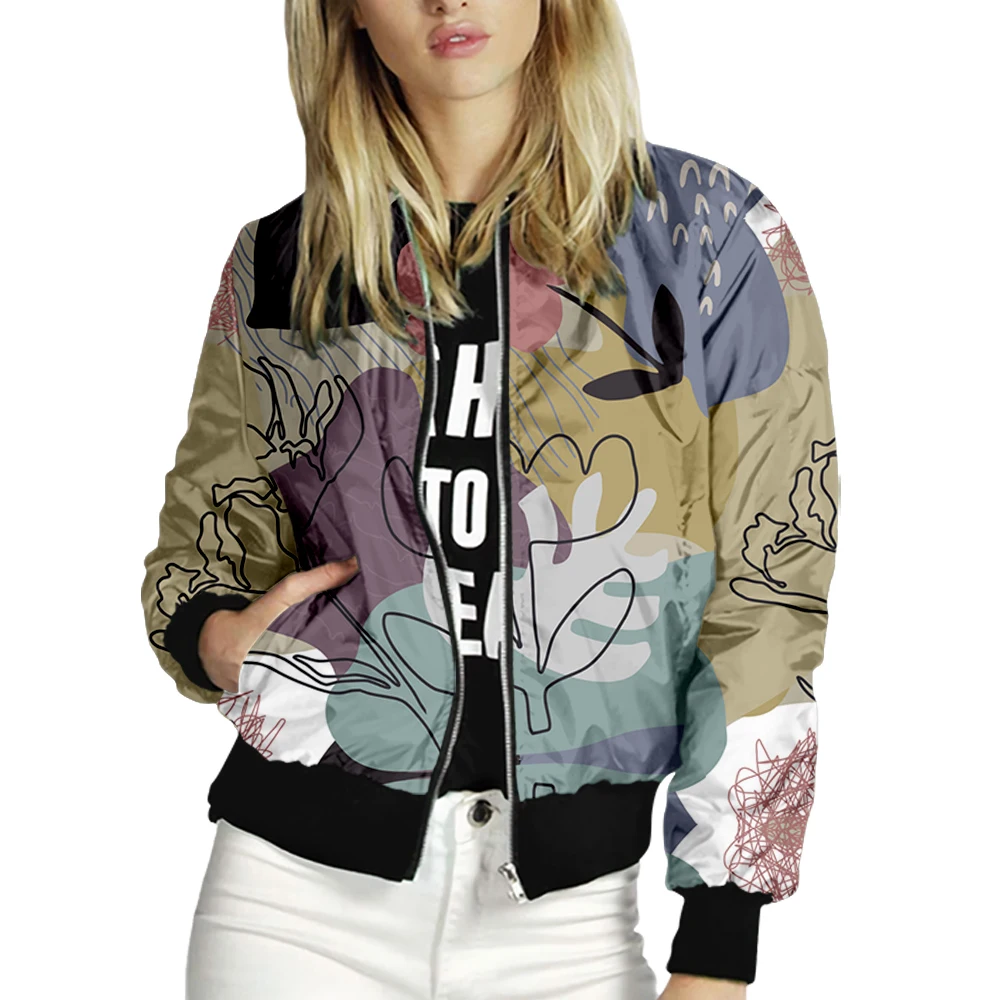 Women's Jacket Tops Long Sleeves Line Drawing Print Baseball Collar Zipper Coat Slim Lady Girls bomber Jacket Street Style