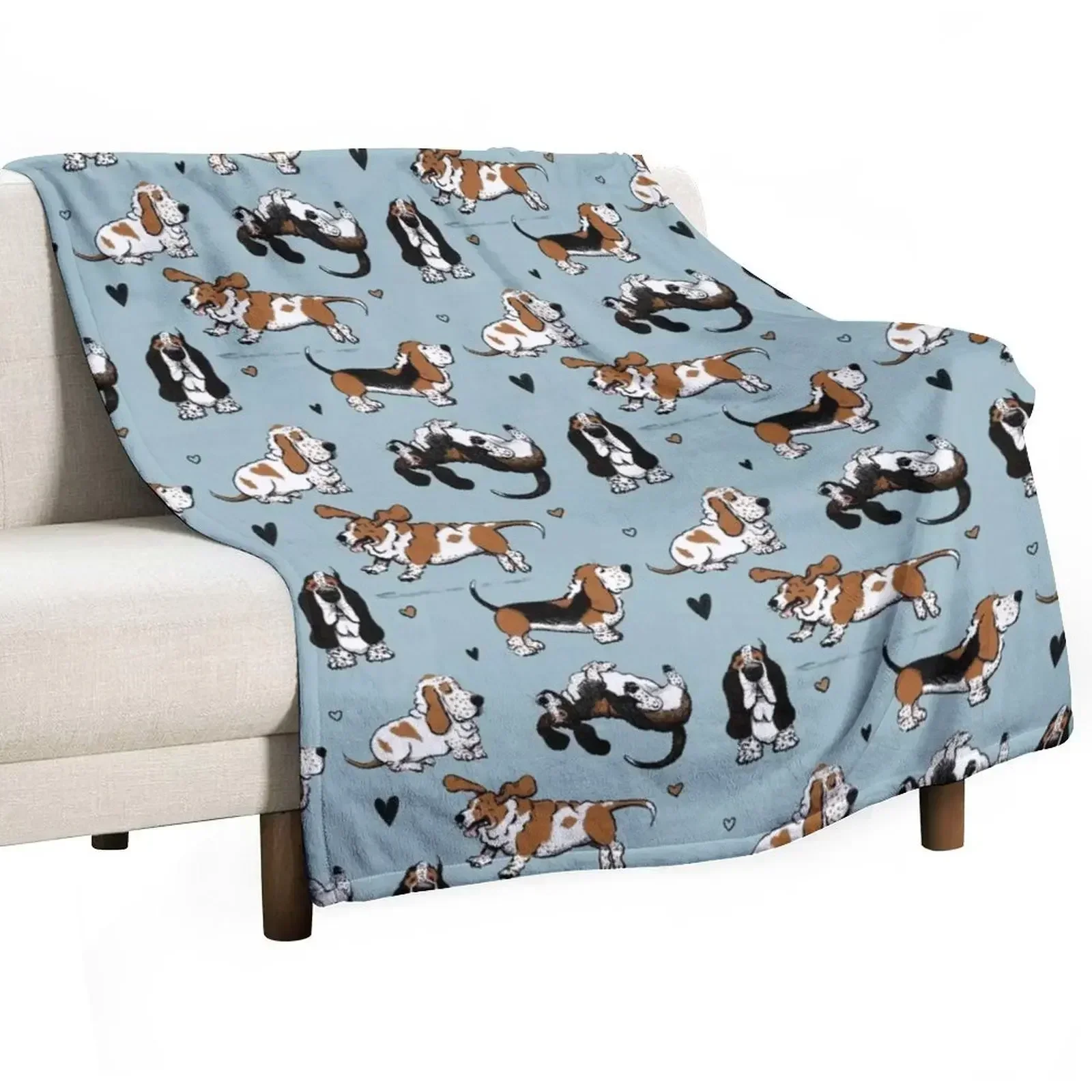 

Basset Buddies on Blue Throw Blanket Flannel Fabric Bed linens Blankets