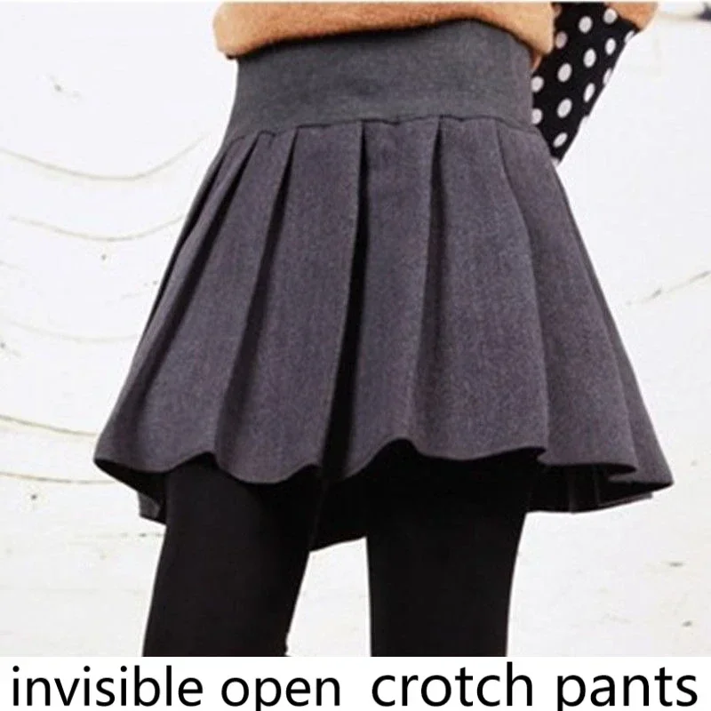 Open-Crotch Pants Spring, Autumn And Winter Fake Two-Piece Outer Wear Leggings With Skirt With Double-Headed Invisible Zipper