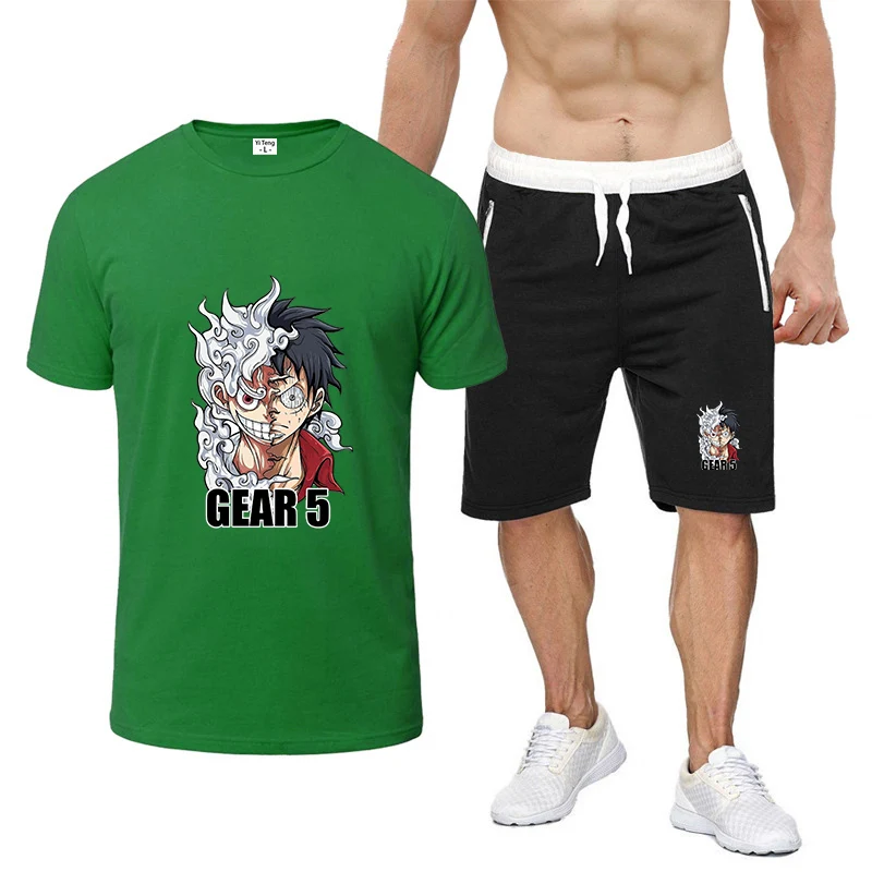 2026 One Piece Luffy Men's New Summer Gear 5 Nika Print Nine Color Short-sleeved Set Trendy Cotton T-shirt + Shorts Suit