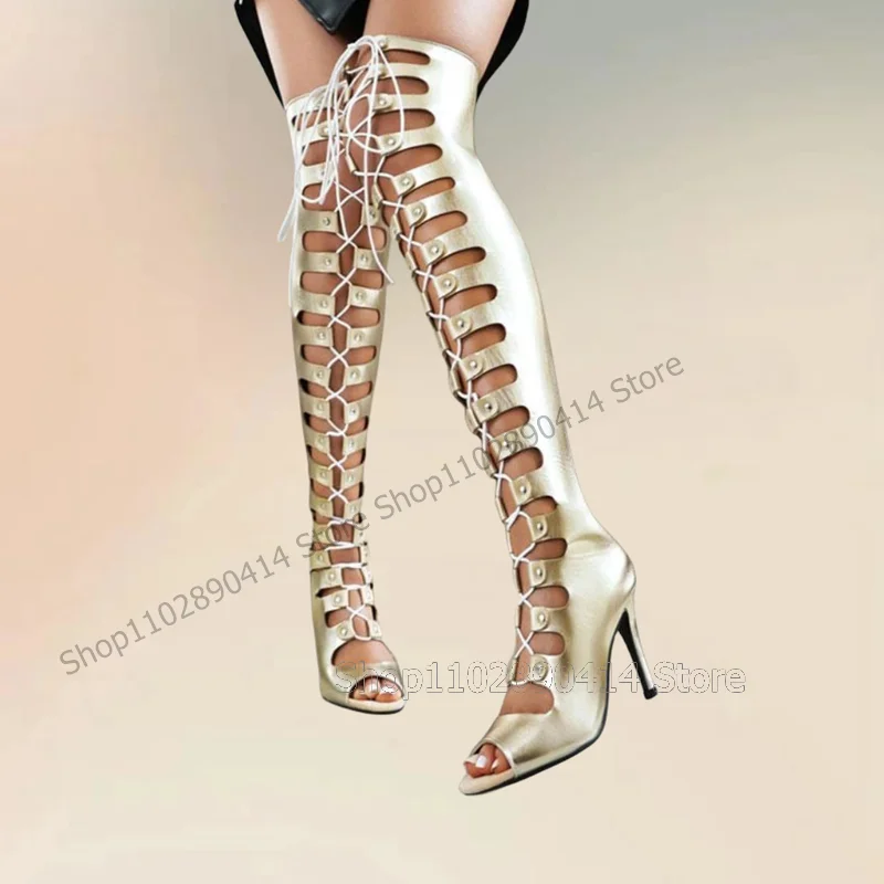 Gold Glitter Hollow Design Strappy Peep Toe Sandals Boots Back Zipper Women Shoes Thin High Heels Novel 2024 Zapatos Para Mujere