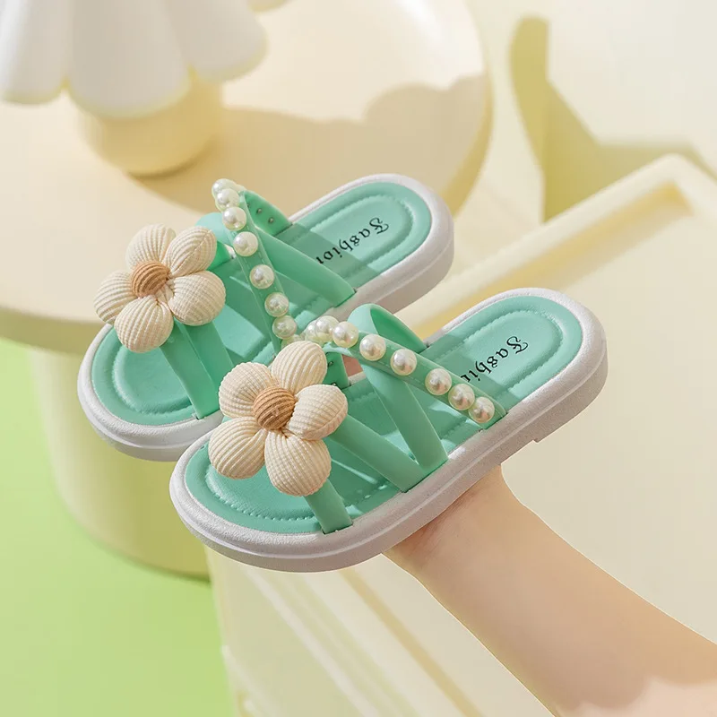 ์ฌ๋ฆฌํผ Summer Girls Slippers Thick Sole Flower Kids Home Shoes Soft Sole Anti Slip Outdoor Flip Flops Cute Princess Beach Slides