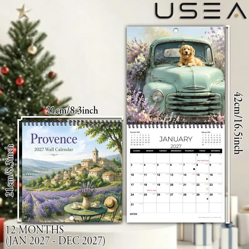 2027 Wall Calendar,Monthly Planner & Yearly Organizer,Provence Lavender Rustic Design,Large Writable Blocks, US Federal Holidays