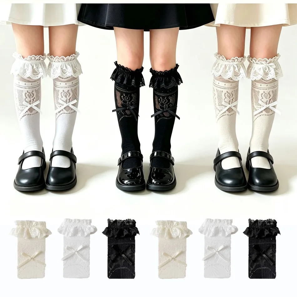 Girls Lace Ruffle Knee High Socks Elegant Hollow Jacquard Bow Soft Stretchy Kids Flower Girl Princess Party Dress Socks XH42
