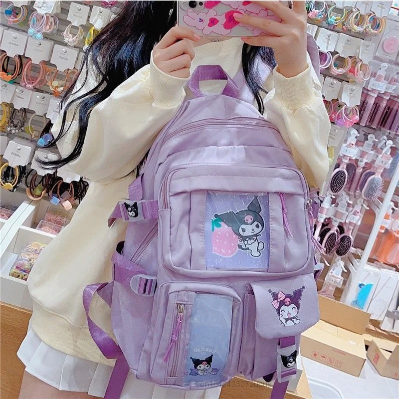 Mochila Sanrio Cartoon para estudantes, mochila feminina de grande capacidade, bolsa de ombro estética, estilo coreano, nova, roxa, Kuromi, Y2k