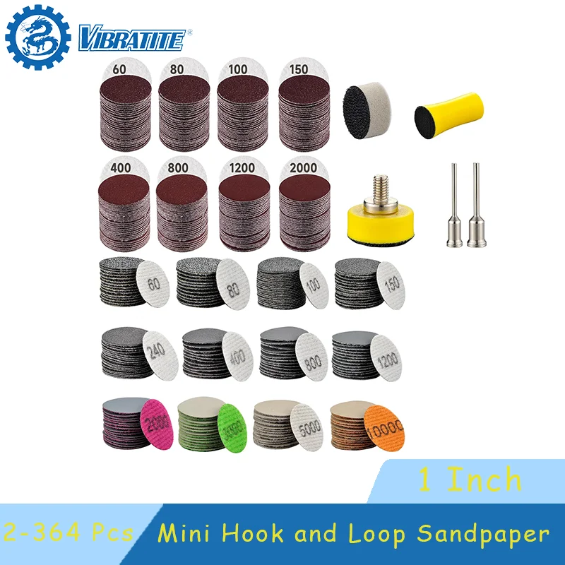 1 Inch Hook and Loop Sandpaper Set 2-364 Pcs  Assorted 60-10000 Grits with Backing Pad and Soft Foam Buffering Pad for Polishing