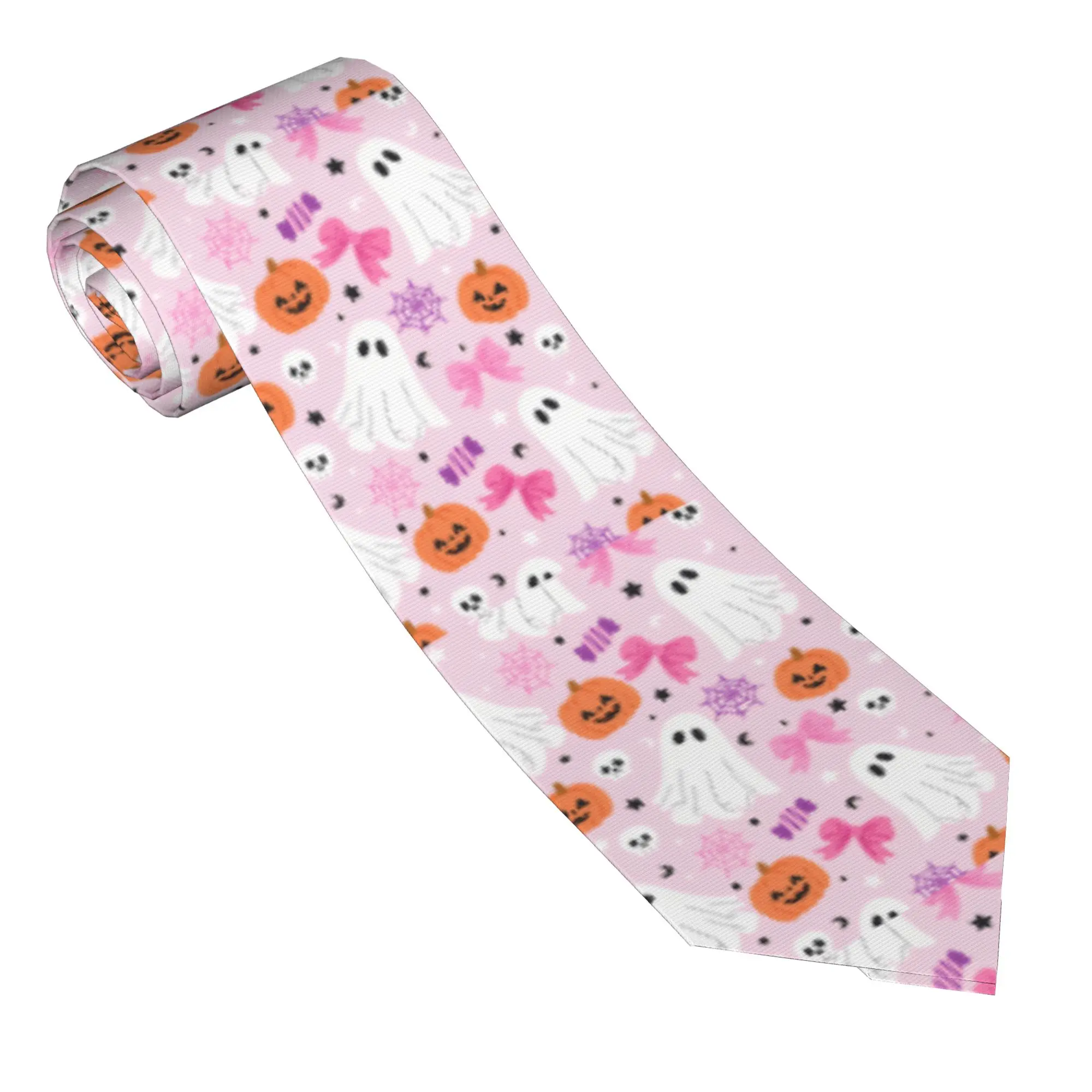 Pink Halloween Ghosts Pattern Necktie Men Women 8 cm  Neck Tie for Men Skinny Narrow Shirt Accessories Cravat Wedding Office