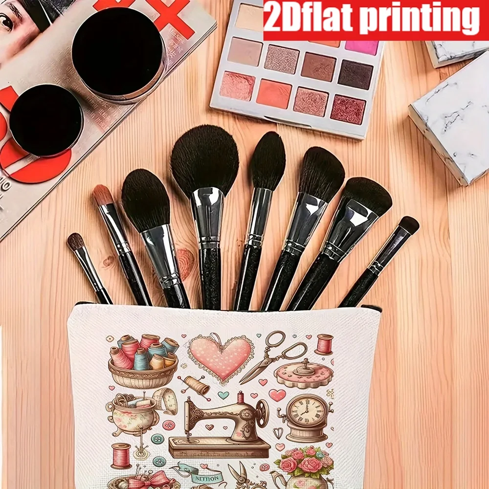 1Pc 2D Vintage Sewing Print Makeup Bag, Machine‑Washable Zipper Pouch, Durable Organizer for Crafters Sewing Lovers & Travelers