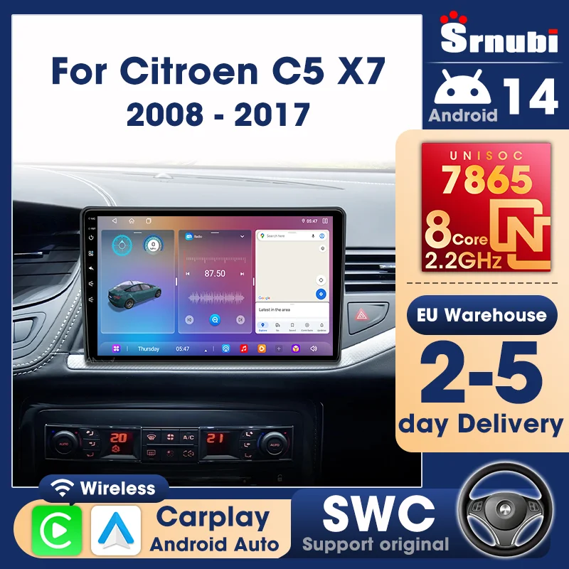 Autoradio Srnubi per Citroen C5 X7 2008-2017 con Carplay, Android Auto, Lettore Multimediale, Schermo QLED, Navigazione GPS, DSP Audio, RDS