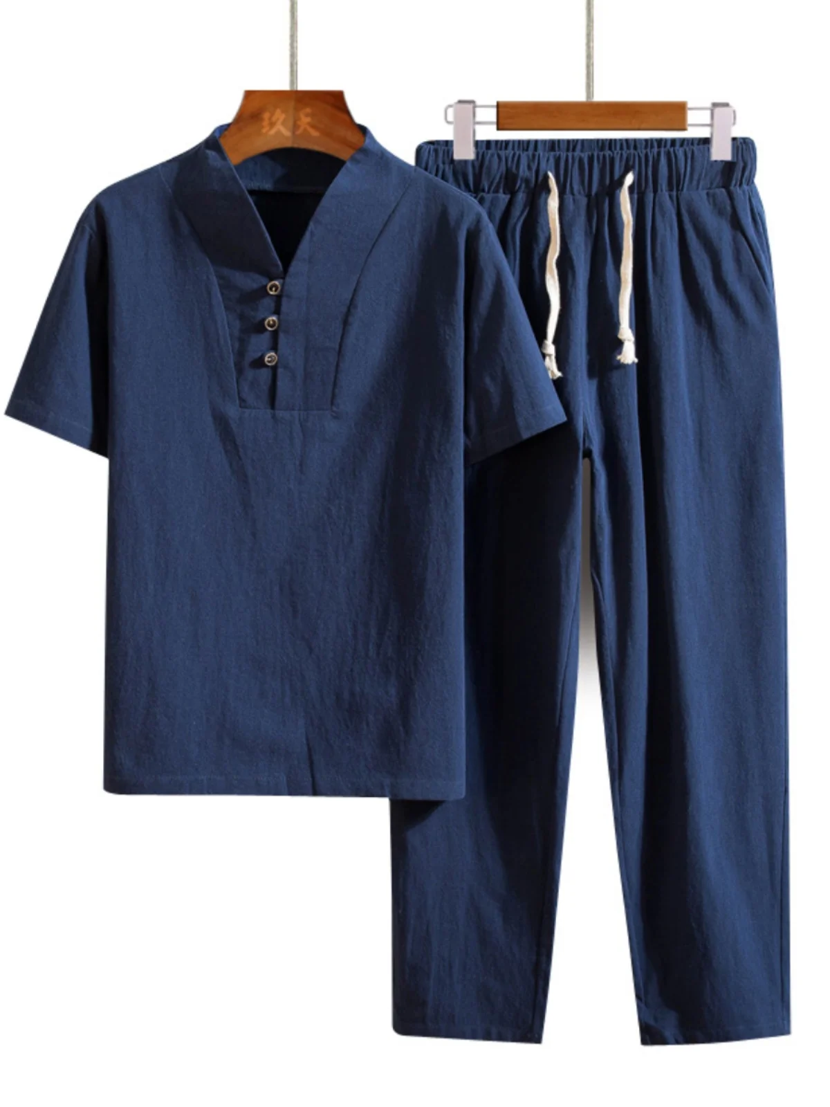 

Комплект из хлопка и льна: мужская летняя футболка с V-образным вырезом и коротким рукавом, длинные брюки, повседневный костюм из двух предметов, большие размеры, молодежная мода