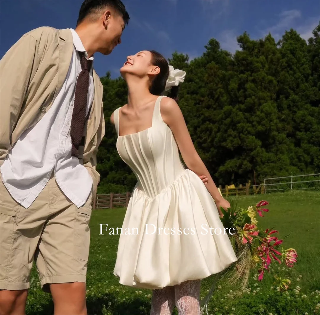 FANAN Spaghetti Strap Square Neck Mini Wedding Dress White Bow Bridal Headband Short Puffy Satin Elopement Gown