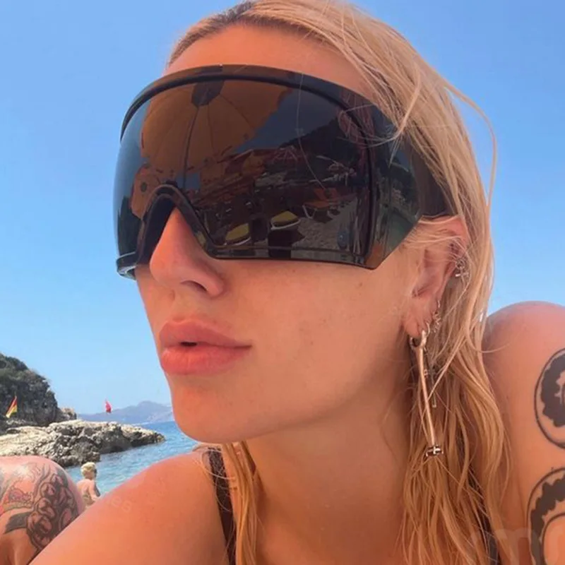 Y2K Big Frame Oversized Wrap Sunglasses Women For Men Vintage Flat Top Sun Glasses For Men Luxury Brand Designer Steampunk Shade