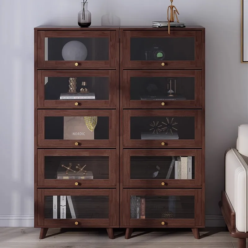 Nordic solid wood dust-proof bookcase with glass door, large-capacity storage locker, living room display cabinet, shelf floor
