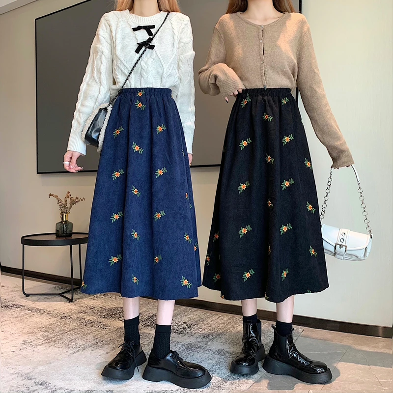 EHQAXIN 2024 Autumn Winter New Womens Half Skirt Fashion Korean Corduroy Embroidery Loose Casual Mid Length Half Skirts One Size