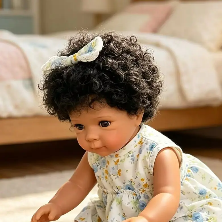 48CM Bettie Dark Skin Reborn Doll Hand-Rooted Curly Hair Vinyl Body Collectible Handmade Girl Toy