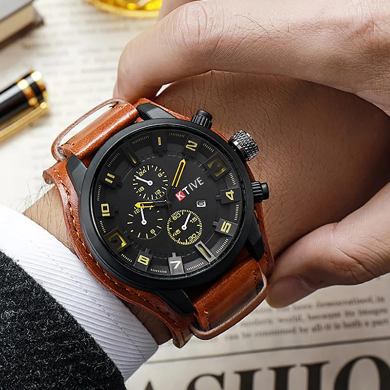 Vintage Men Watch Leather Strap Sports Quartz Men\'s Watches Fashion Big Dial Date Business Electronic Wrist watch Clock for Men