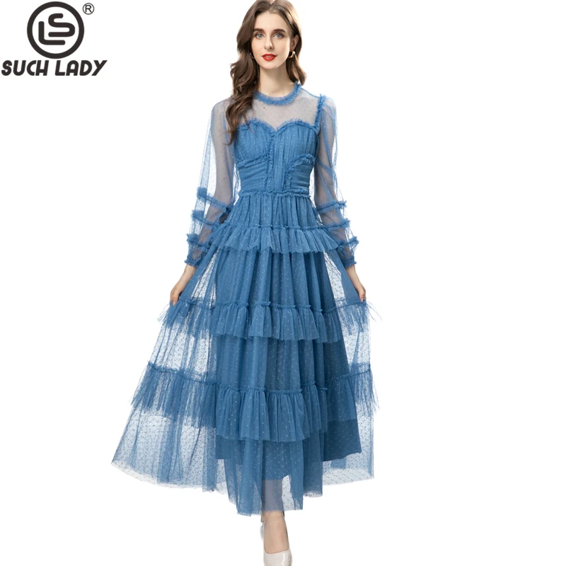 

Women's Runway Dresses O Neck Long Sleeves Sexy Tulle Laid Over Tiered Ruffles Palka Dots Elegant Designer Party Prom