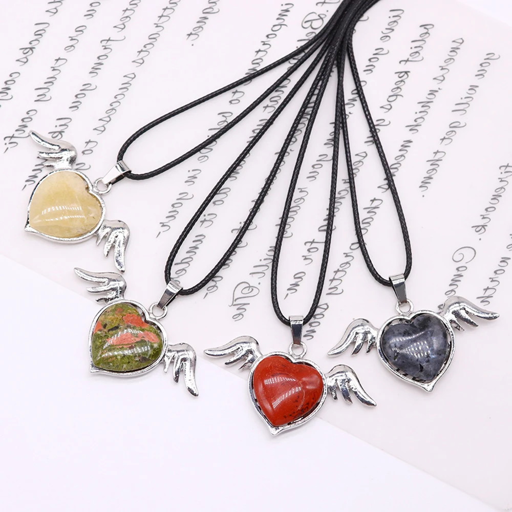 

Natural Stone Love Heart Angel Wings Pendant Necklace Lapis Amethyst Quartz Crystal Plated Silver Alloy Charm Necklace for Women