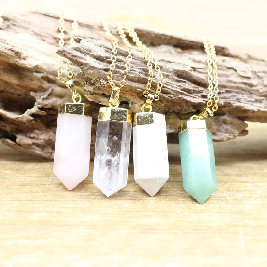 Large Hexagon Point Pendants Necklaces,Healing Crystal Aventurine Rose Quartzs White Turquoises Pointed Charms Jewelry,QC3252