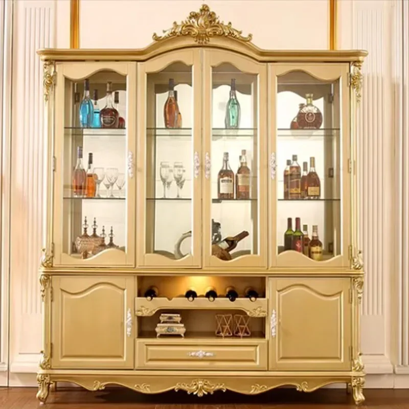 

European Wine Cabinet Shelf American Solid Wood Cabinet Decorative Cabinet Champagne Gold Four-door Gabinete Villa Furniture