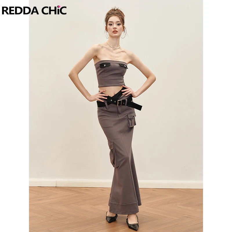 

REDDACHiC Belted Long Cargo Skirt Tube Top Set Women Color Block Strapless Corset Top Mermaid Bodycon Skirt Grunge Y2k Work Wear