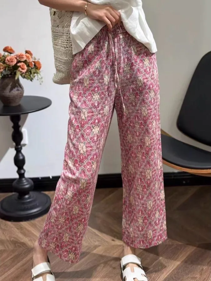 Pink Floral Wide Leg Pants Women's Summer Thin Loose Slimming Drape Casual Nine Point Straight Cut Trousers Commute Style