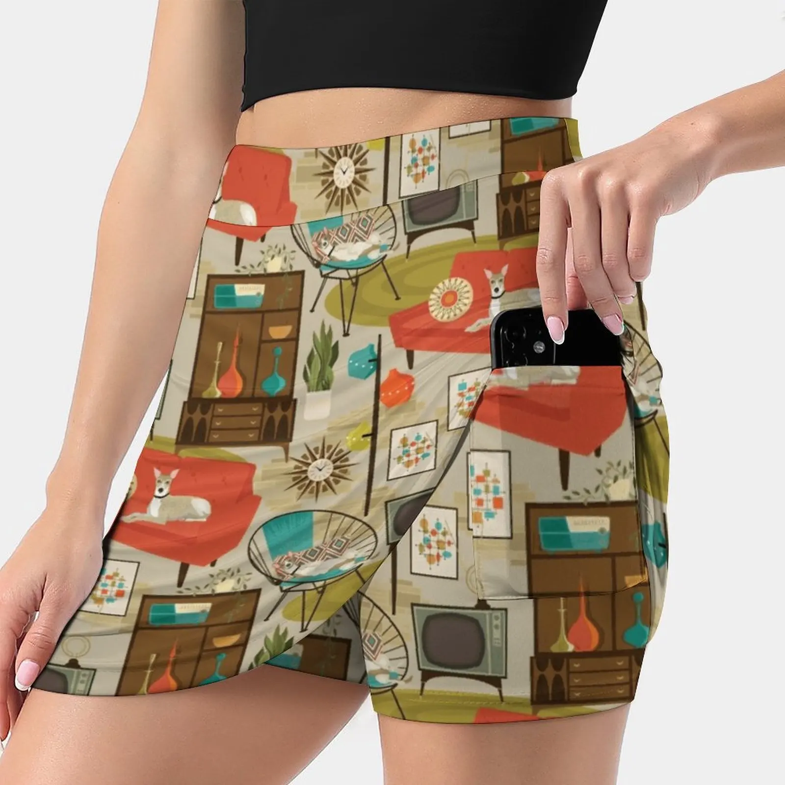 Rec Room Madness Women's skirt Mini Skirts A Line Skirt With Hide Pocket 1960S Retro Vintage Mid Century Dogs Whippets Blenko