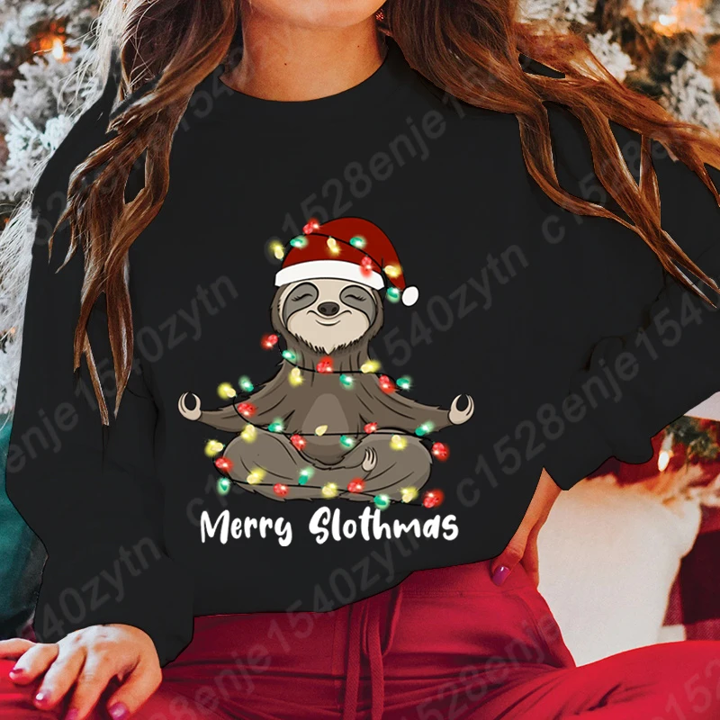 Christmas Light Sloth Merry Slothmas Print Hoodless Pullovers Women Autumn And Winter Solid Color Tops Fashion Ladies Sweatshirt