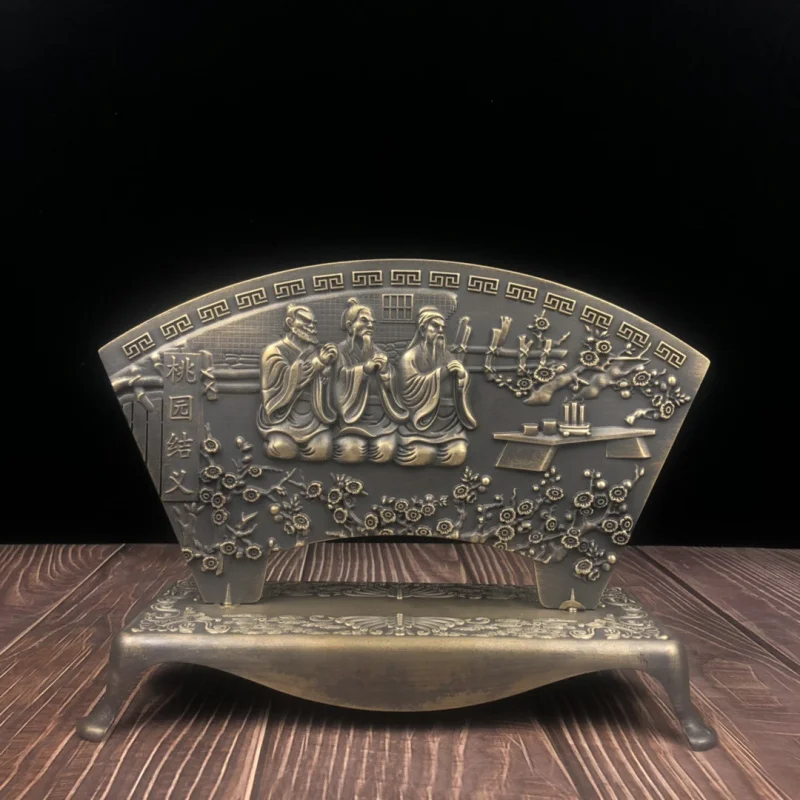 Brass screen ornament with relief images of Peach brothers, flowers birds, and scene of spring snow in the garden